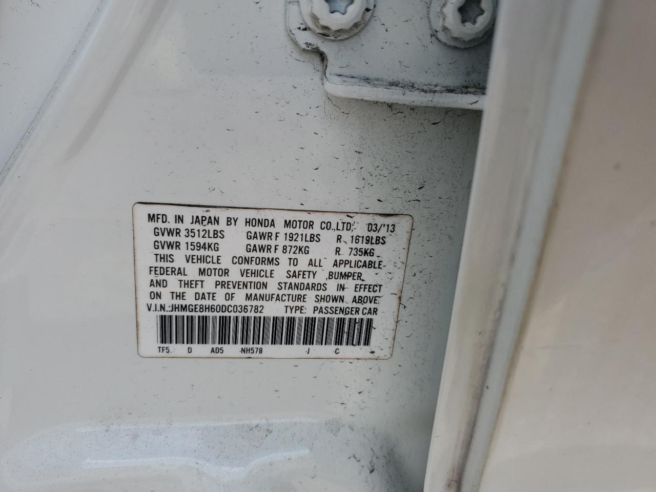 2013 Honda Fit Sport VIN: JHMGE8H60DC036782 Lot: 54695565