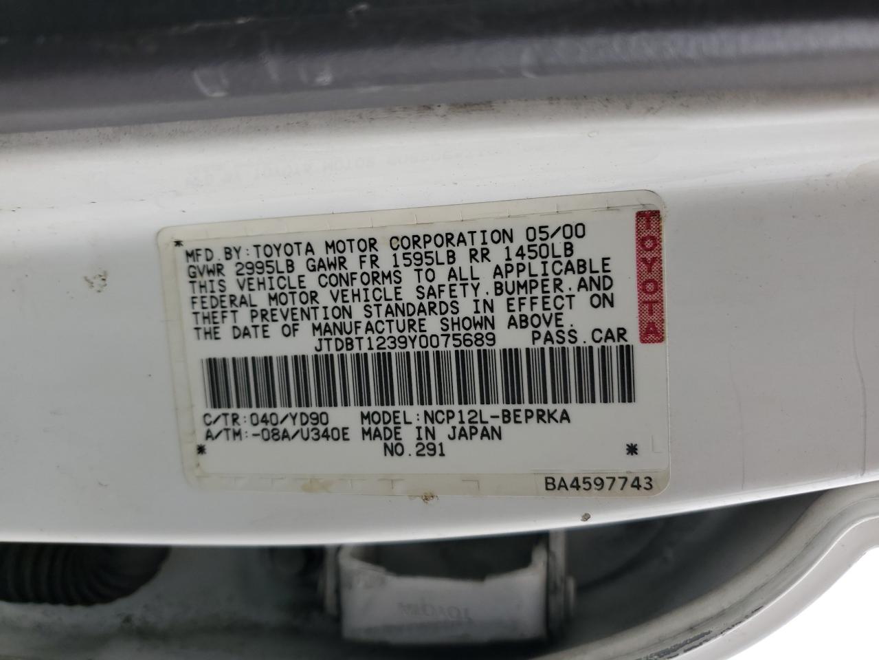 2000 Toyota Echo VIN: JTDBT1239Y0075689 Lot: 54336265