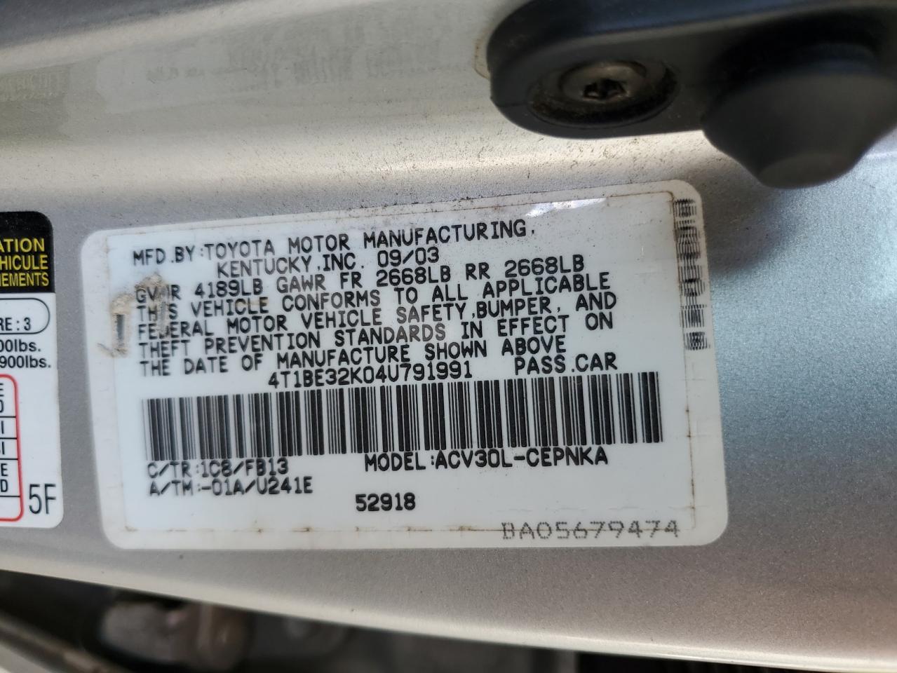 2004 Toyota Camry Le VIN: 4T1BE32K04U791991 Lot: 54800495
