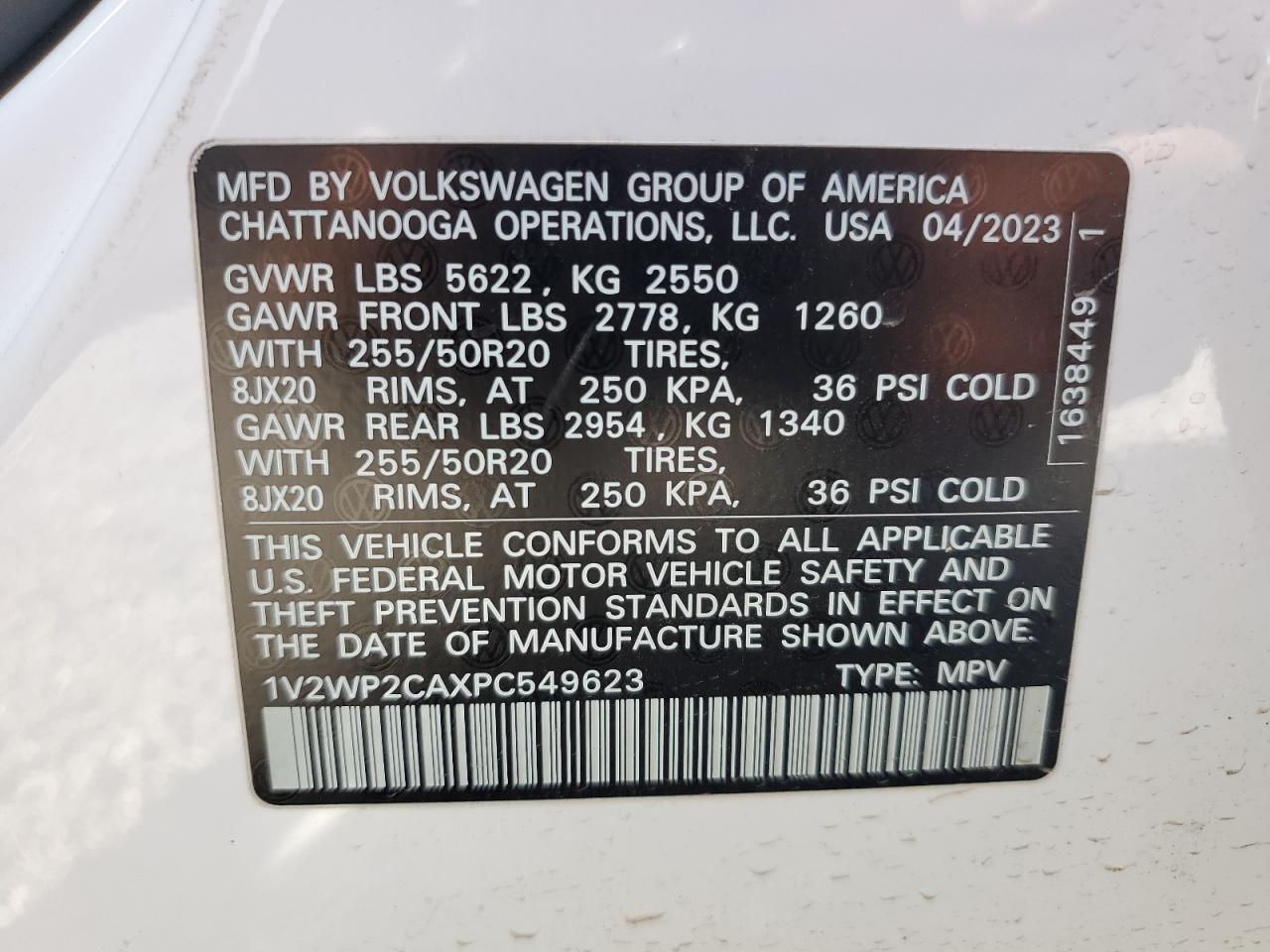 2023 Volkswagen Atlas Se VIN: 1V2WP2CAXPC549623 Lot: 52994835
