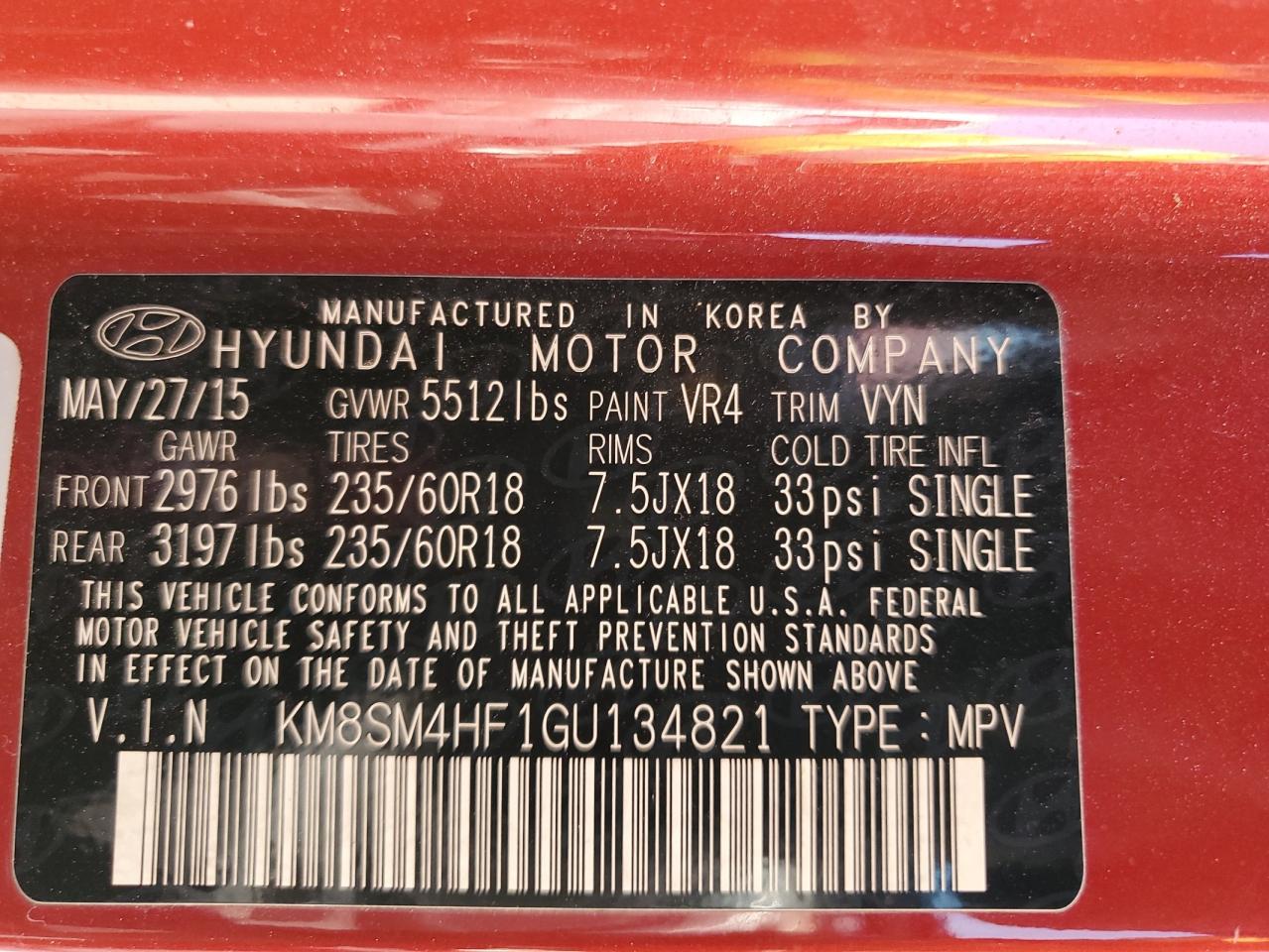 2016 Hyundai Santa Fe Se VIN: KM8SM4HF1GU134821 Lot: 51879165