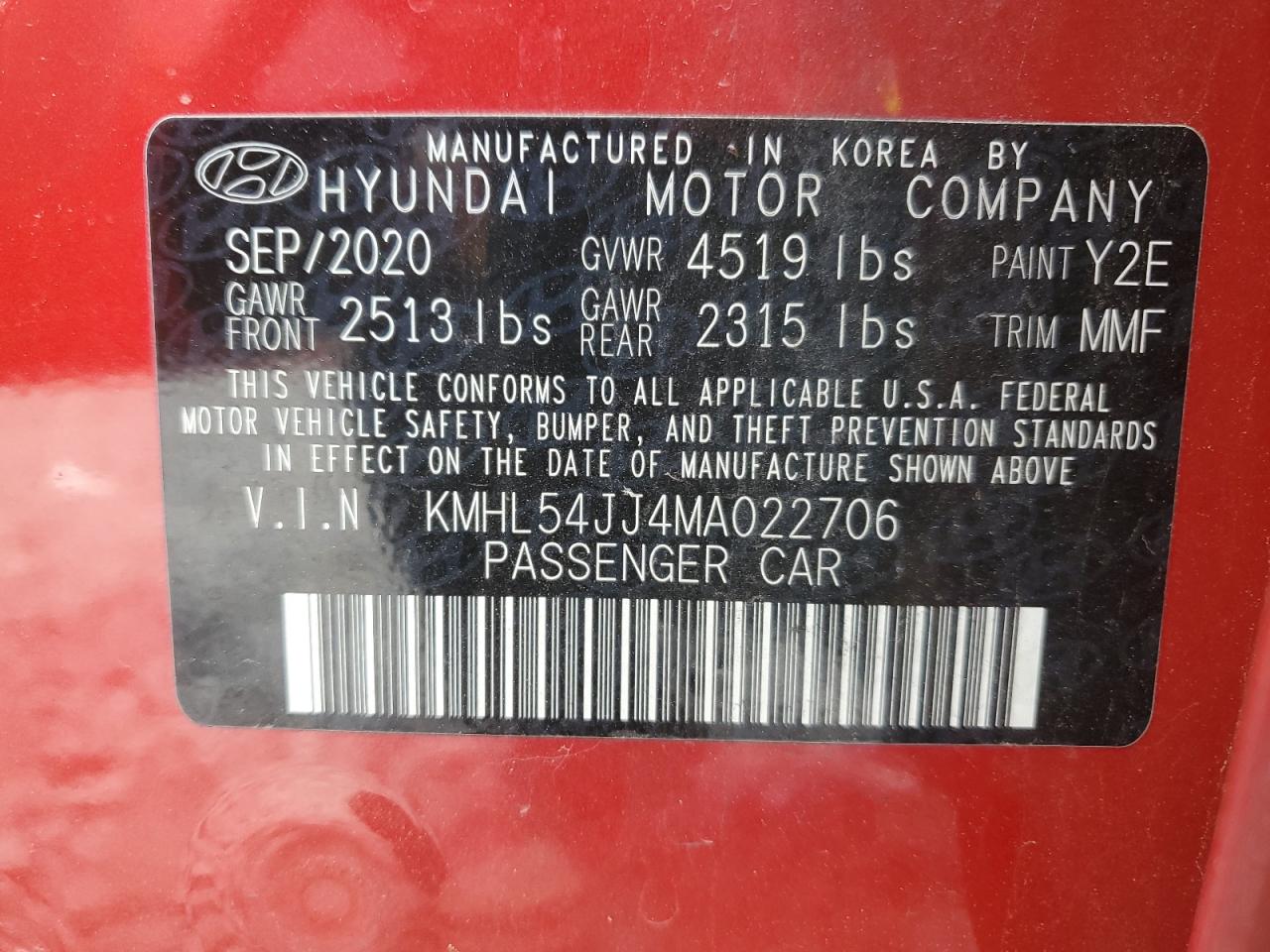 2021 Hyundai Sonata Hybrid VIN: KMHL54JJ4MA022706 Lot: 51852045
