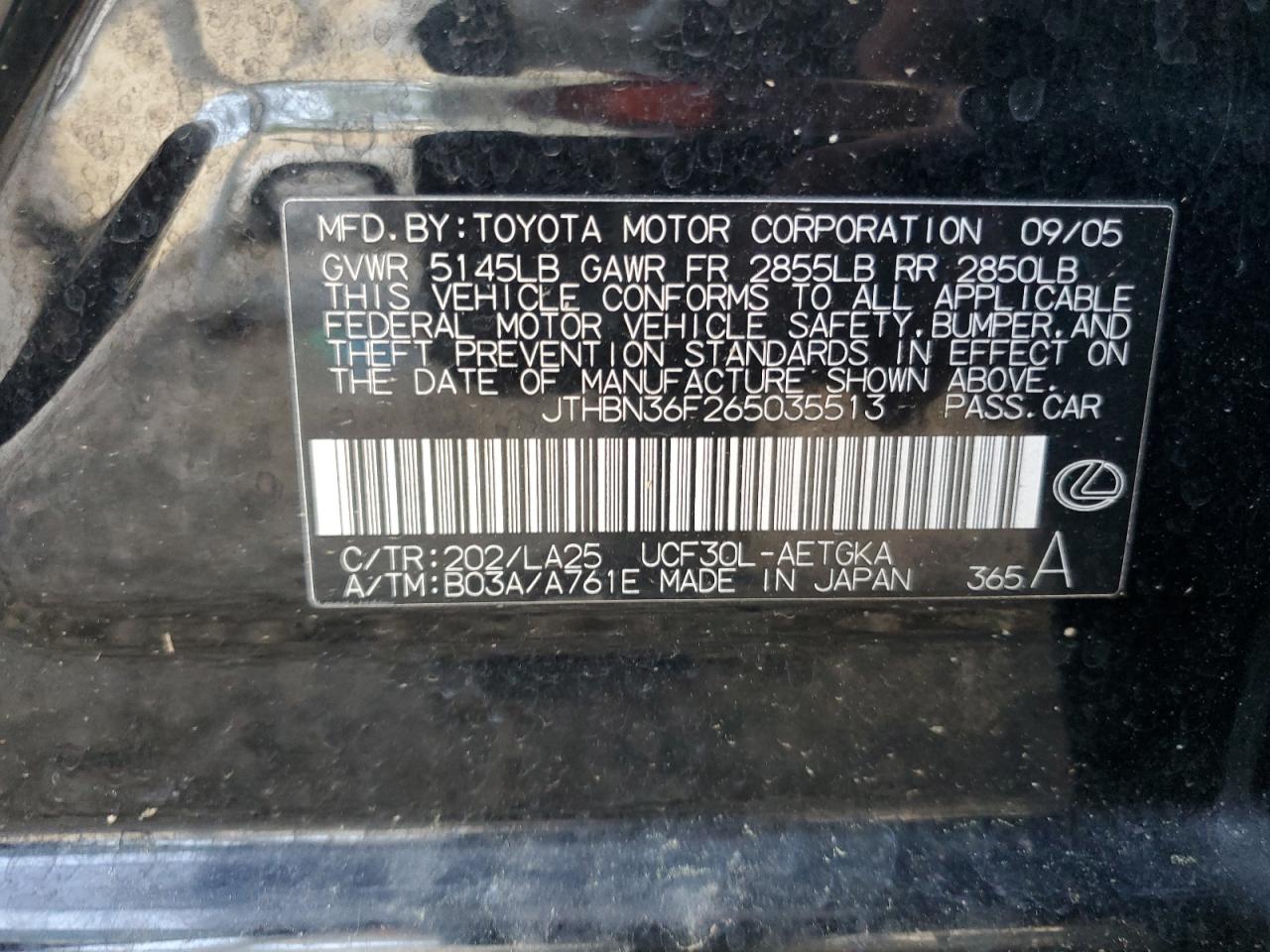 2006 Lexus Ls 430 VIN: JTHBN36F265035513 Lot: 51770925