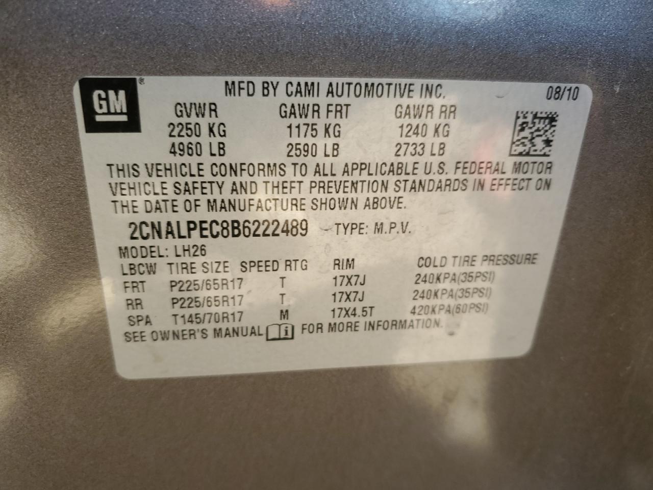 2011 Chevrolet Equinox Lt VIN: 2CNALPEC8B6222489 Lot: 51473785