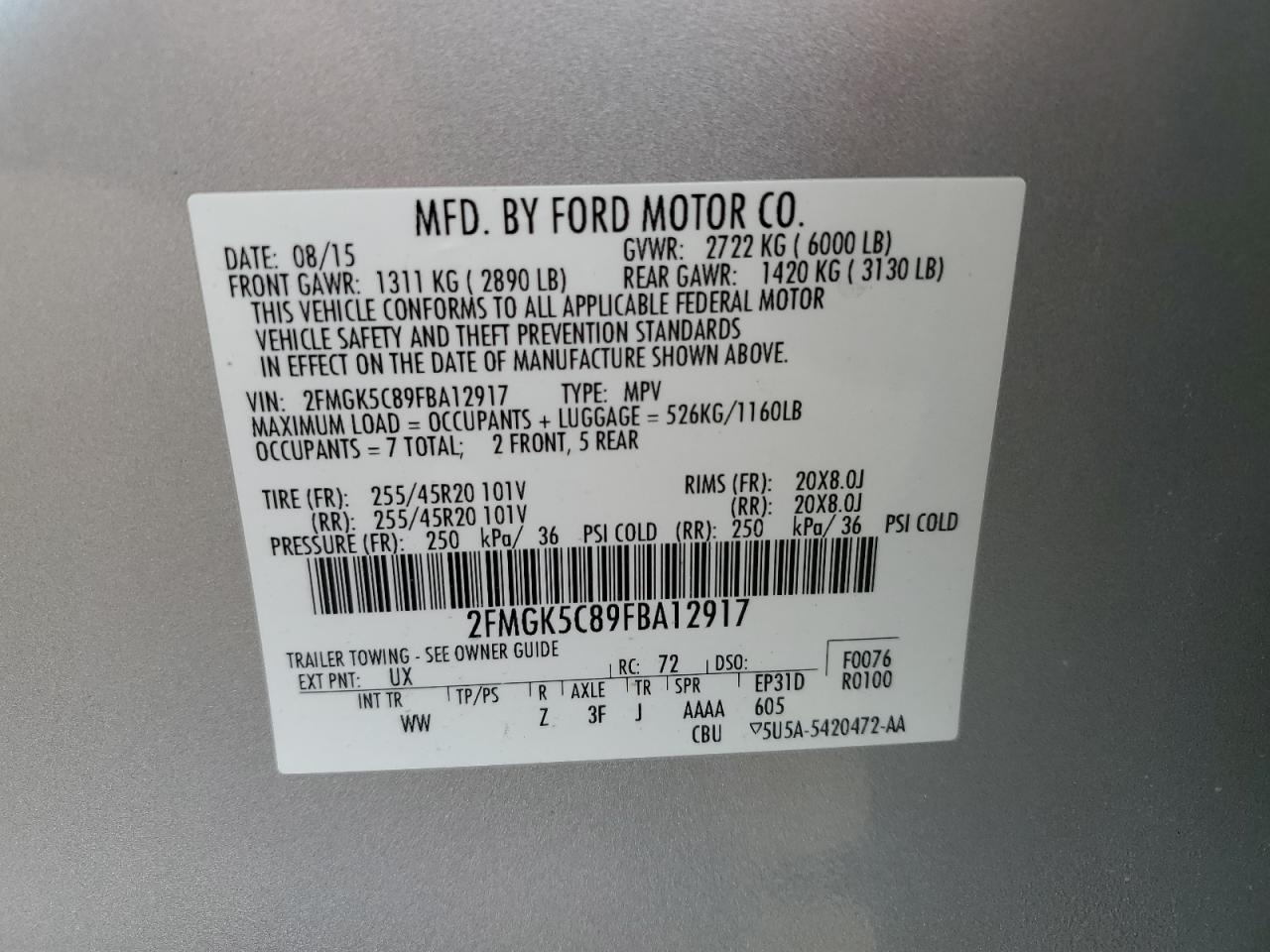 2015 Ford Flex Sel VIN: 2FMGK5C89FBA12917 Lot: 53297635