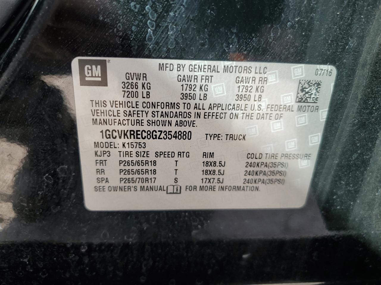 1gcvkrec8gz354880 1GCVKREC8GZ354880 2016 Chevrolet Silverado