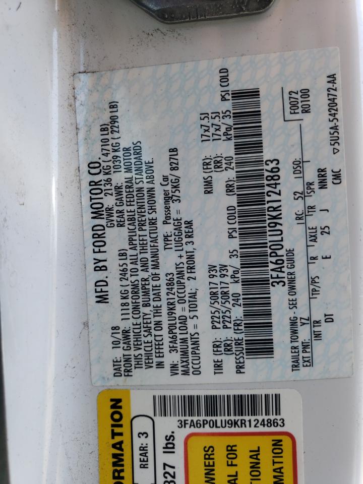 2019 Ford Fusion Se VIN: 3FA6P0LU9KR124863 Lot: 54034025