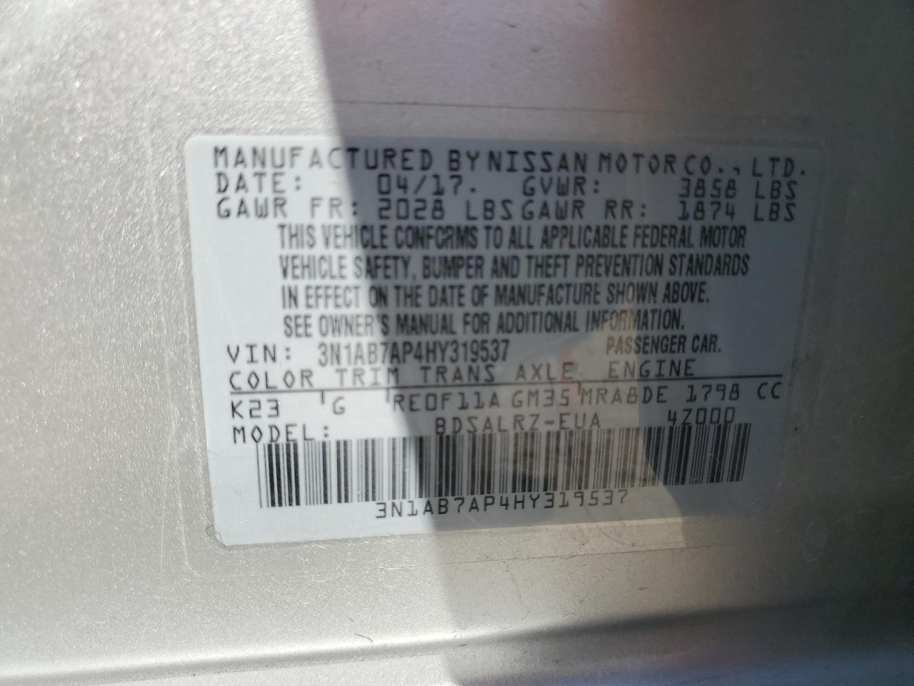 2017 Nissan Sentra S VIN: 3N1AB7AP4HY319537 Lot: 53652885