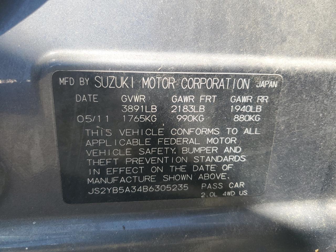 2011 Suzuki Sx4 VIN: JS2YB5A34B6305235 Lot: 53492975