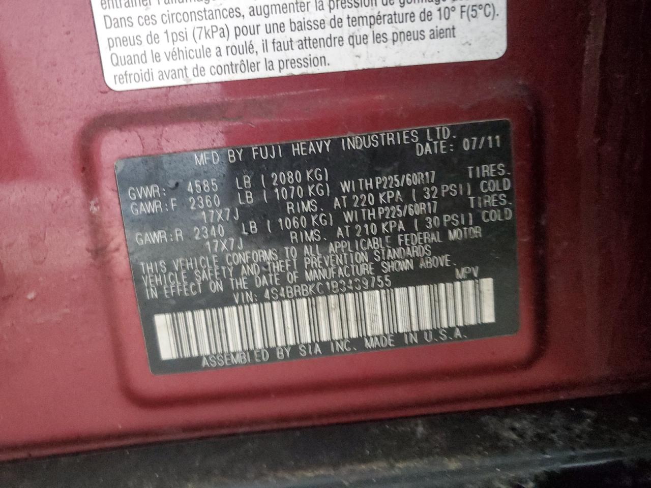 2011 Subaru Outback 2.5I Limited VIN: 4S4BRBKC1B3439755 Lot: 52090255