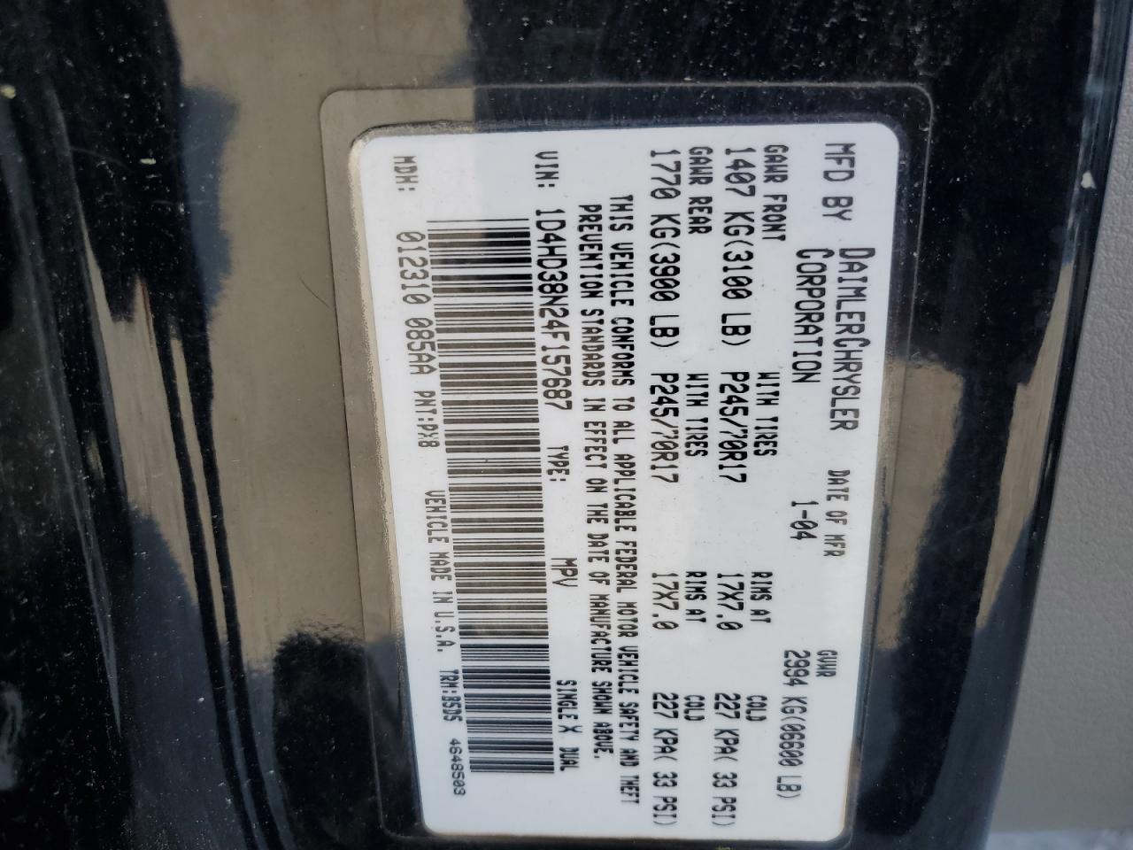 2004 Dodge Durango St VIN: 1D4HD38N24F157687 Lot: 53892915