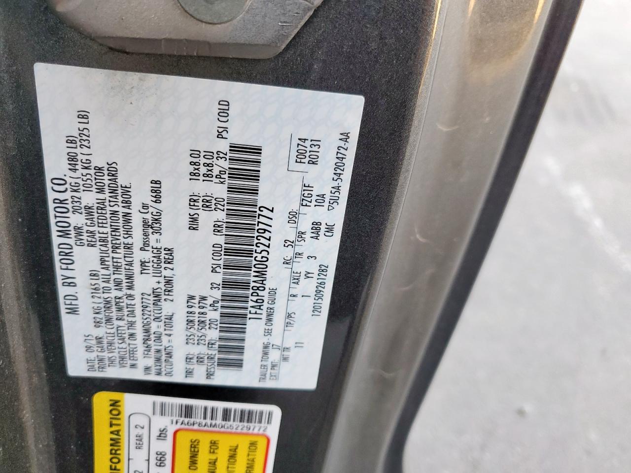 2016 Ford Mustang VIN: 1FA6P8AM0G5229772 Lot: 53362875