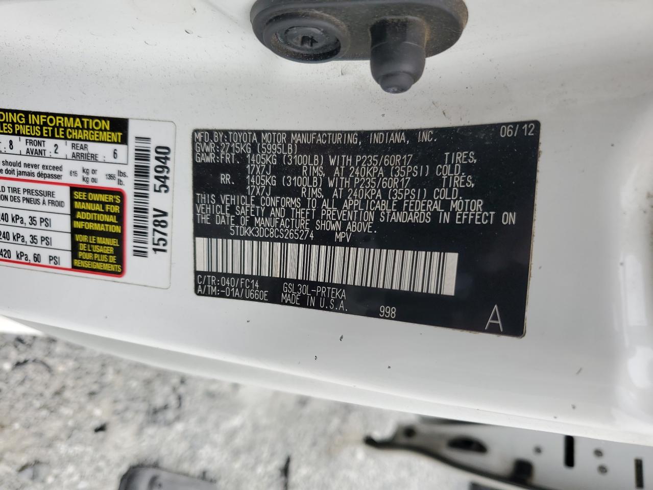 2012 Toyota Sienna Le VIN: 5TDKK3DC8CS265274 Lot: 54058245