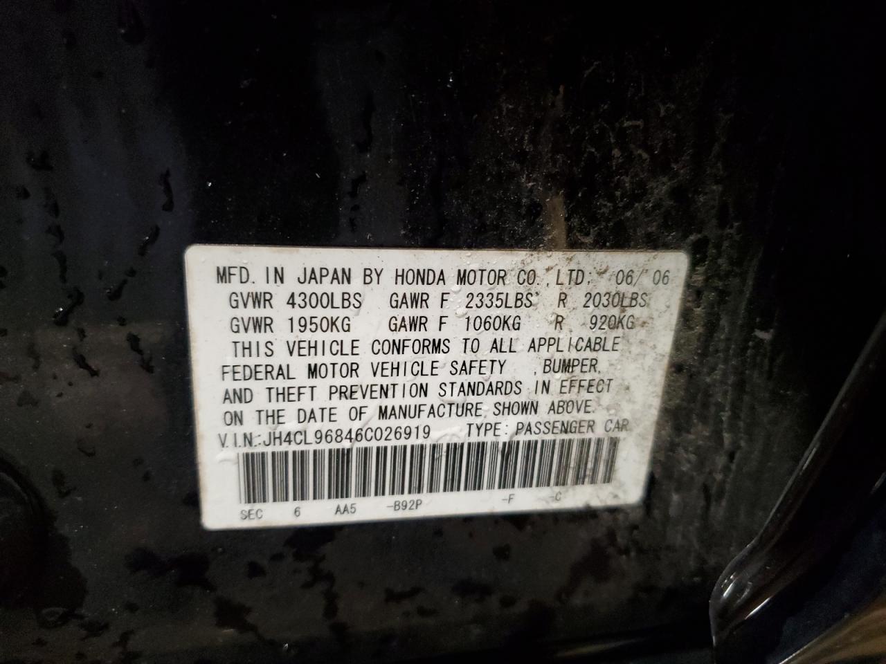 2006 Acura Tsx VIN: JH4CL96846C026919 Lot: 53958285