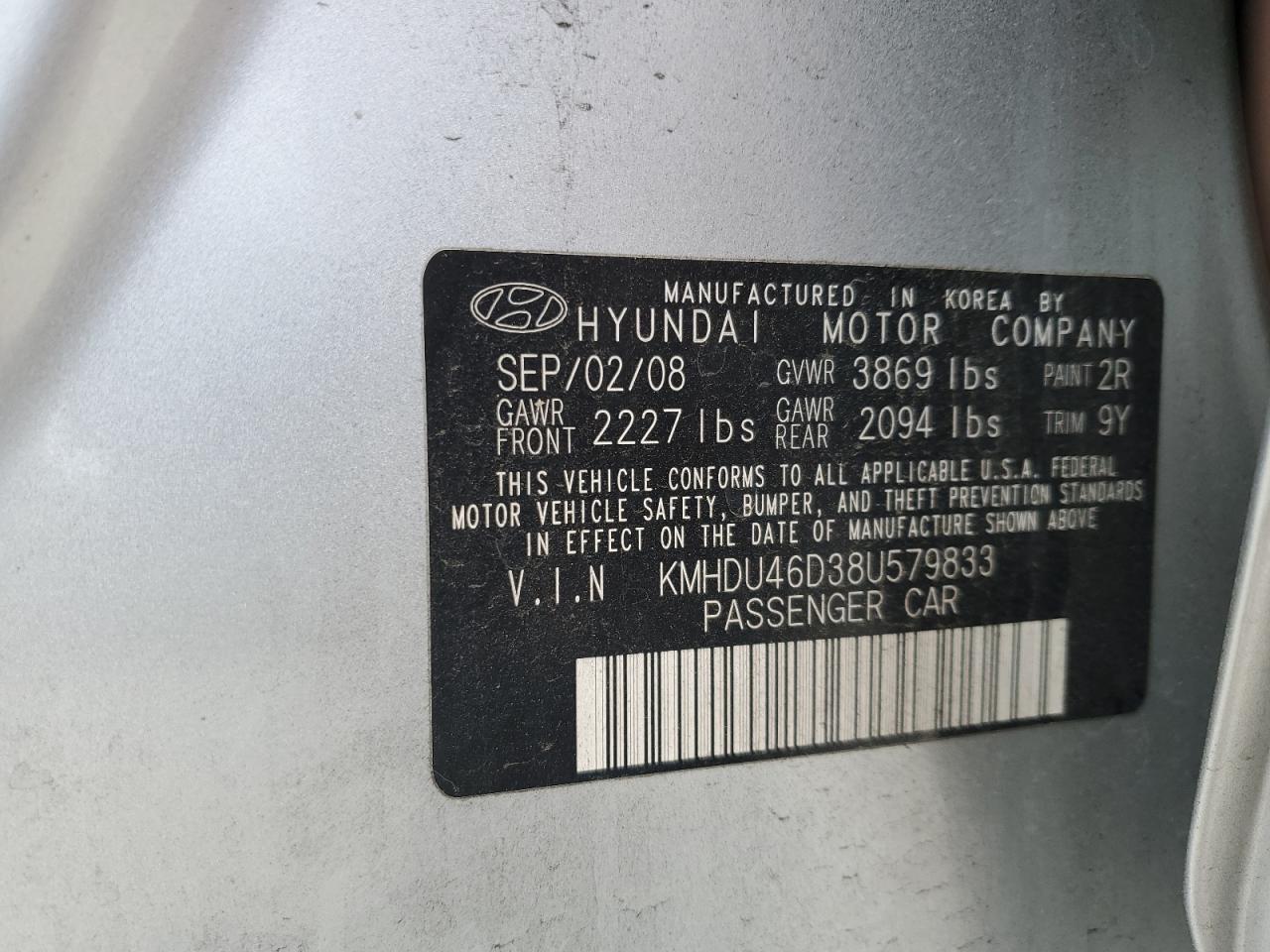 2008 Hyundai Elantra Gls VIN: KMHDU46D38U579833 Lot: 53685205
