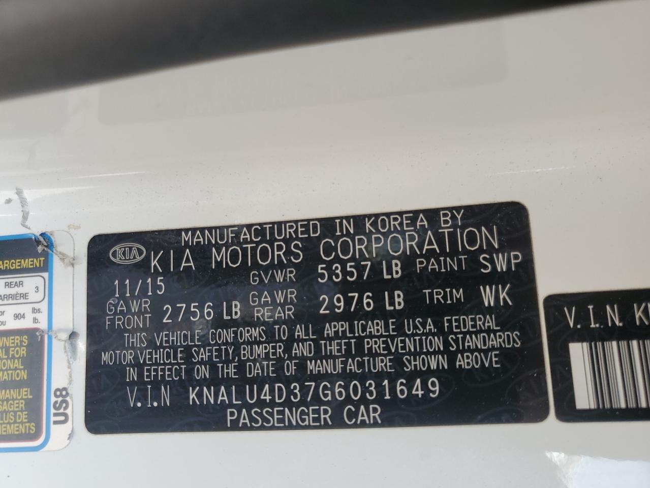 2016 Kia K900 VIN: KNALU4D37G6031649 Lot: 53353885