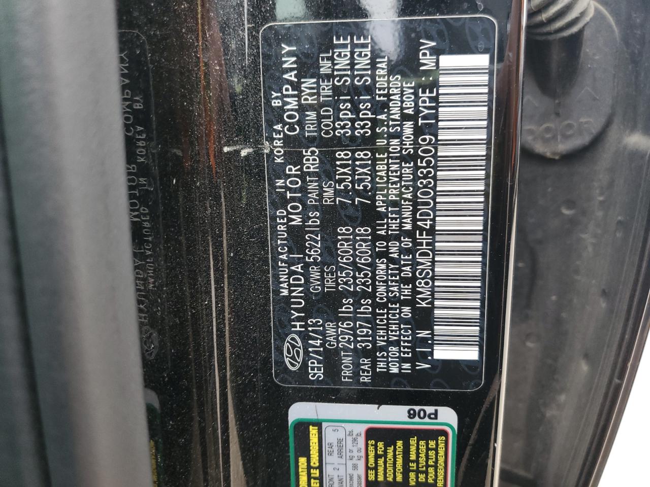2013 Hyundai Santa Fe Gls VIN: KM8SMDHF4DU033509 Lot: 54724715