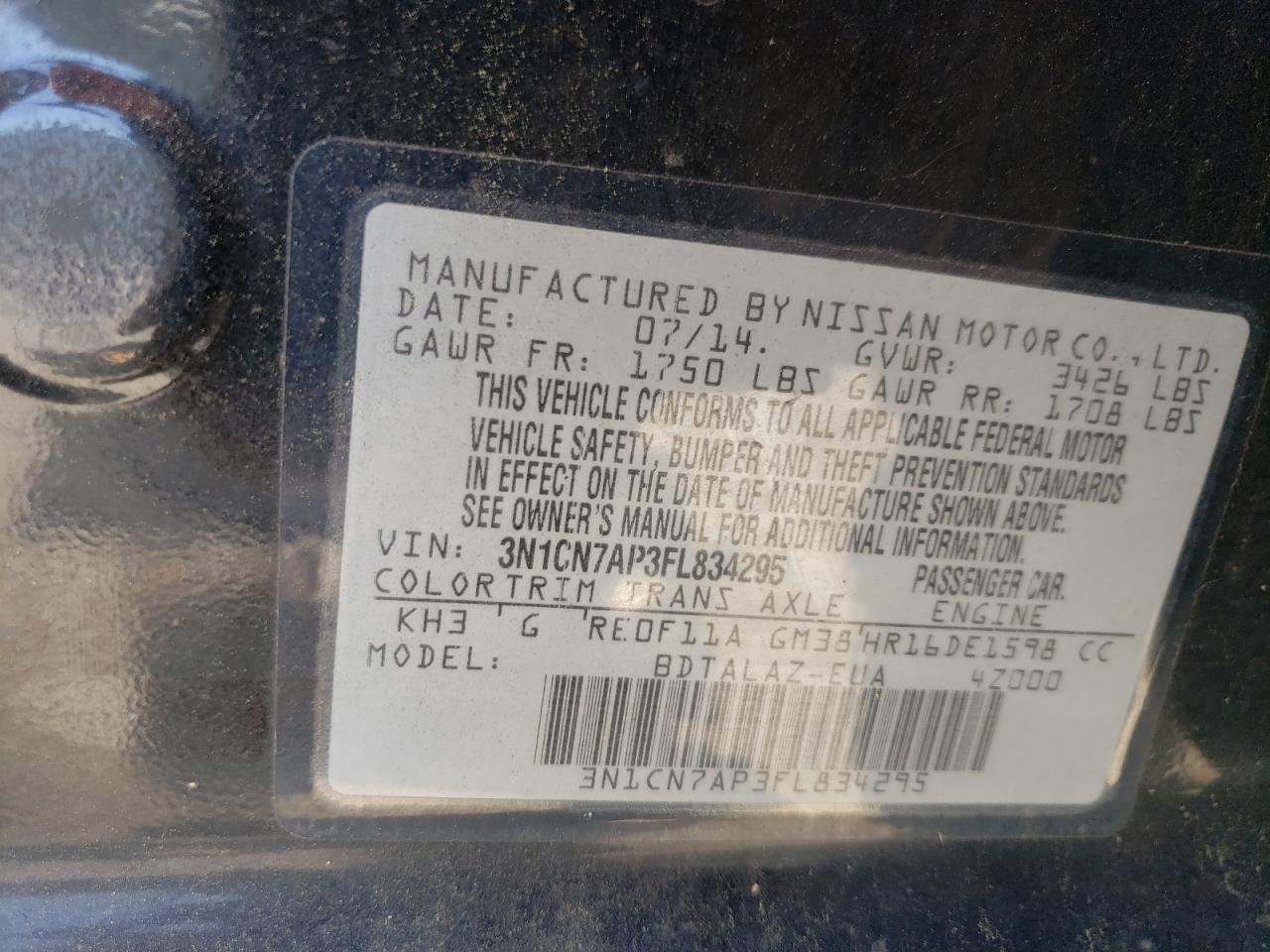 2015 Nissan Versa S VIN: 3N1CN7AP3FL834295 Lot: 52340395