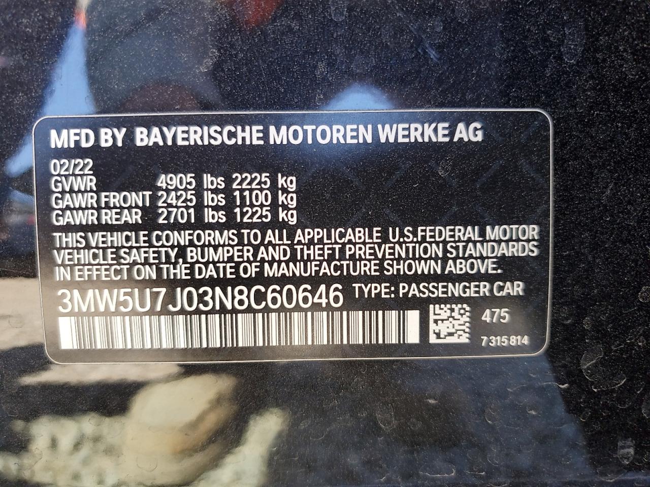 2022 BMW M340I VIN: 3MW5U7J03N8C60646 Lot: 52652045