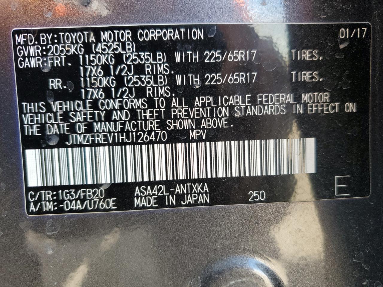 2017 Toyota Rav4 Le VIN: JTMZFREV1HJ126470 Lot: 53924345
