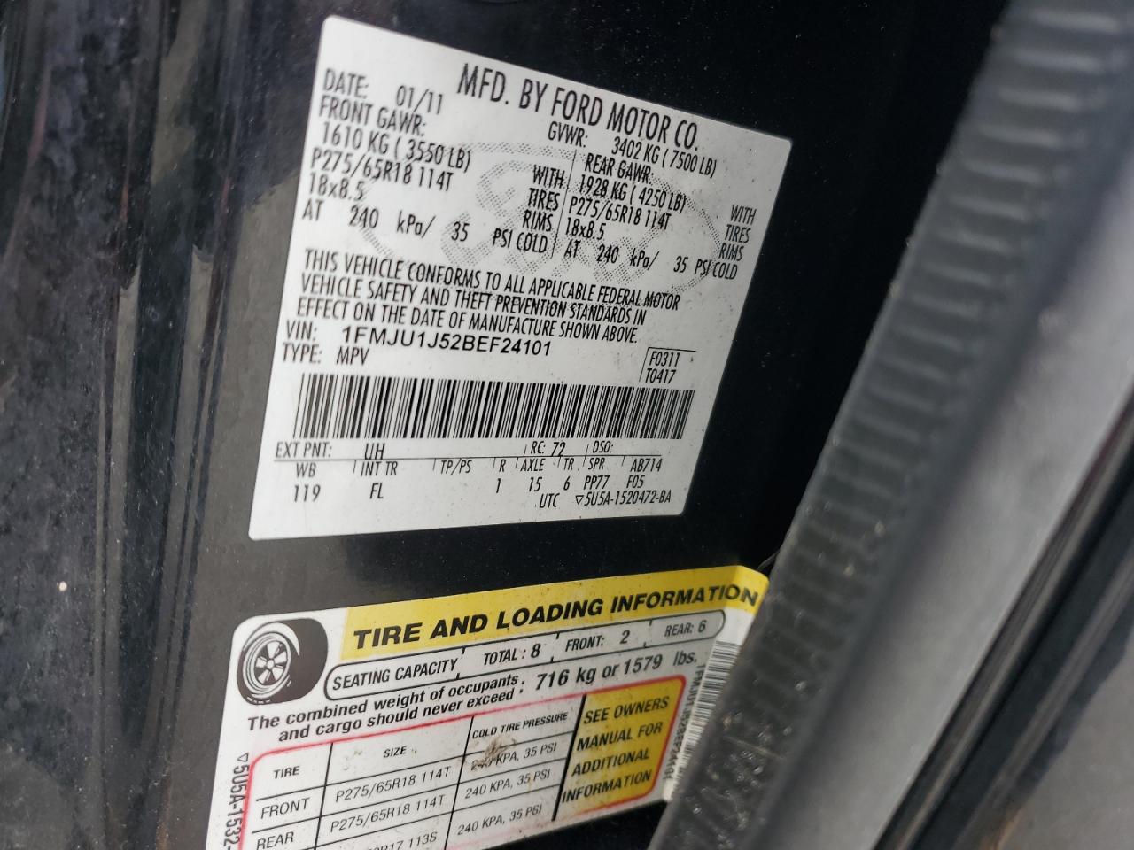 2011 Ford Expedition Xlt VIN: 1FMJU1J52BEF24101 Lot: 53097835