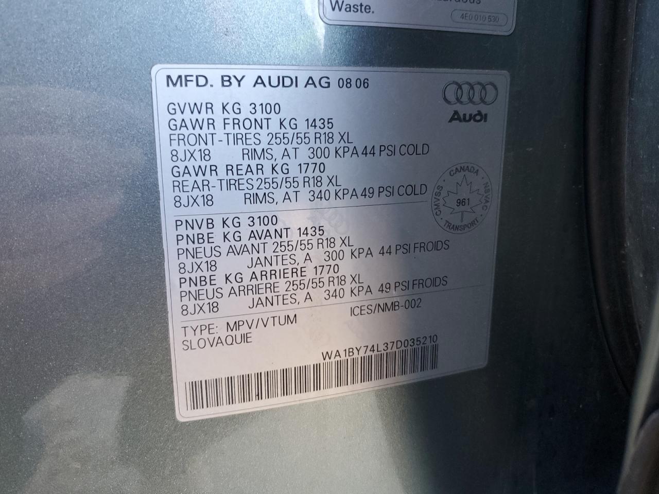 2007 Audi Q7 3.6 Quattro Premium VIN: WA1BY74L37D035210 Lot: 52776075