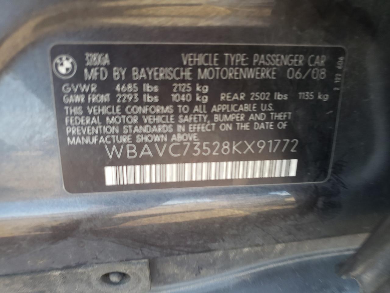 2008 BMW 328 Xi Sulev VIN: WBAVC73528KX91772 Lot: 54144145
