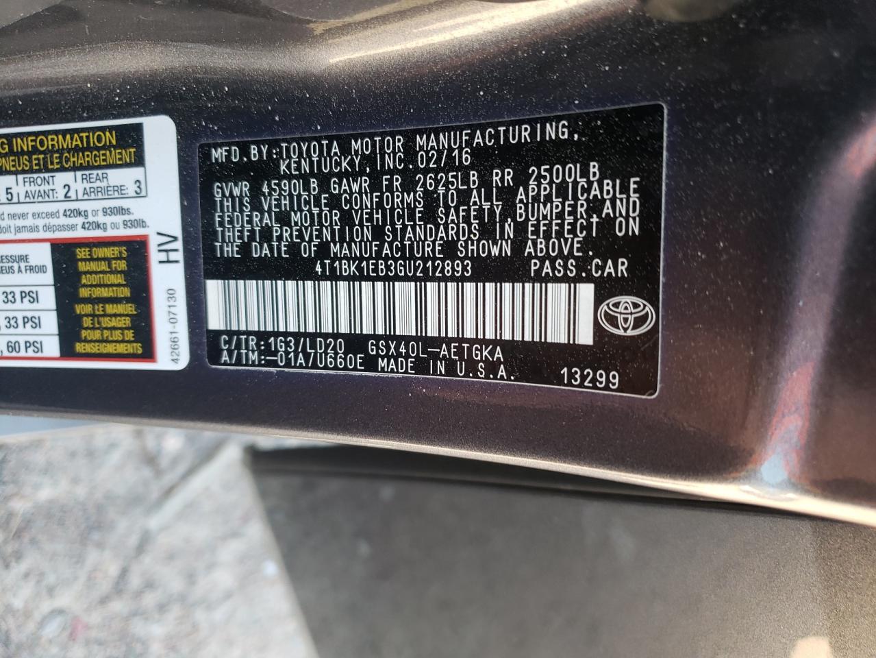 2016 Toyota Avalon Xle VIN: 4T1BK1EB3GU212893 Lot: 53563875
