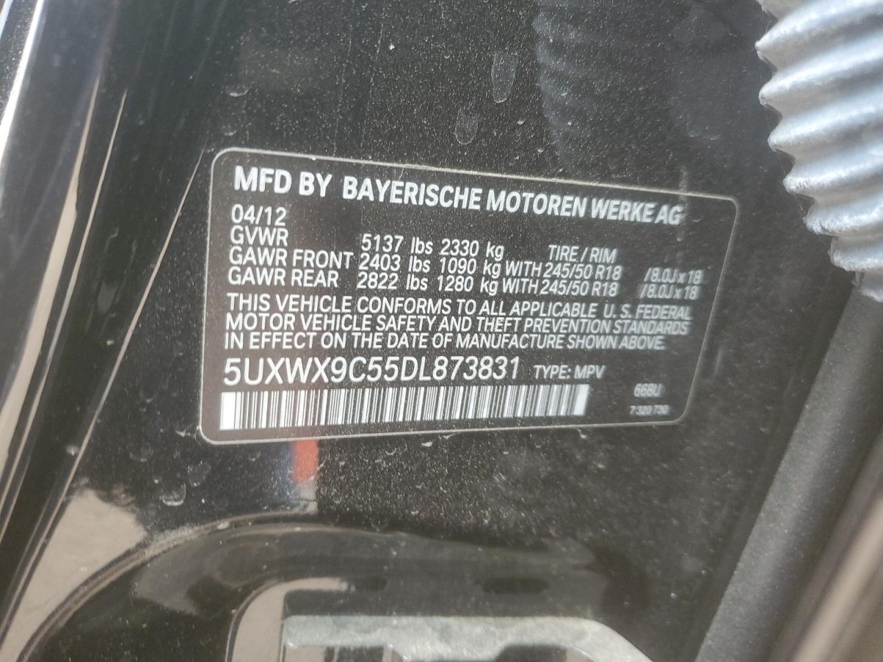2013 BMW X3 xDrive28I VIN: 5UXWX9C55DL873831 Lot: 54968565