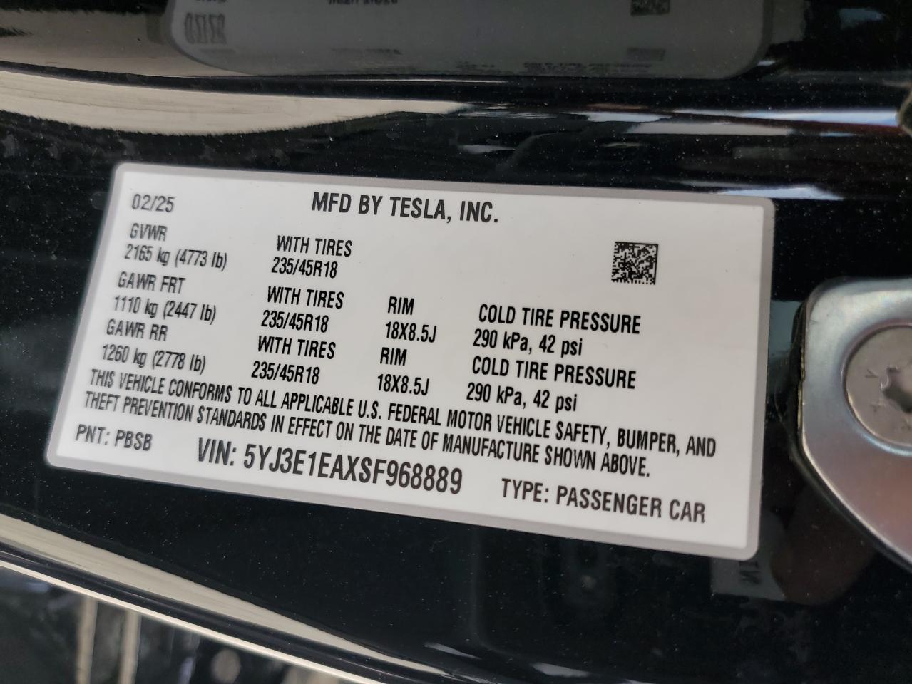 2025 Tesla Model 3 VIN: 5YJ3E1EAXSF968889 Lot: 53674445