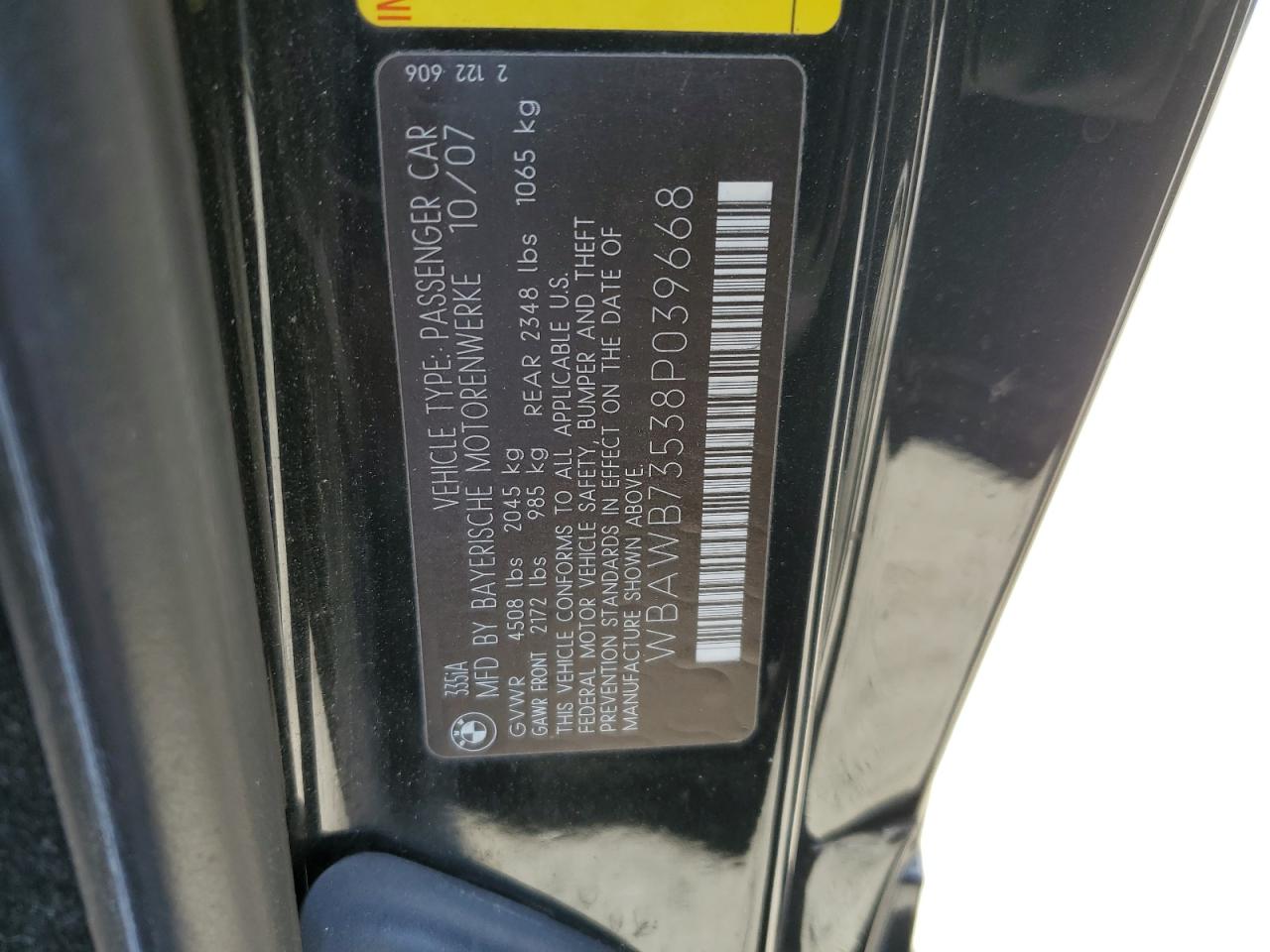 2008 BMW 335 I VIN: WBAWB73538P039668 Lot: 52494355