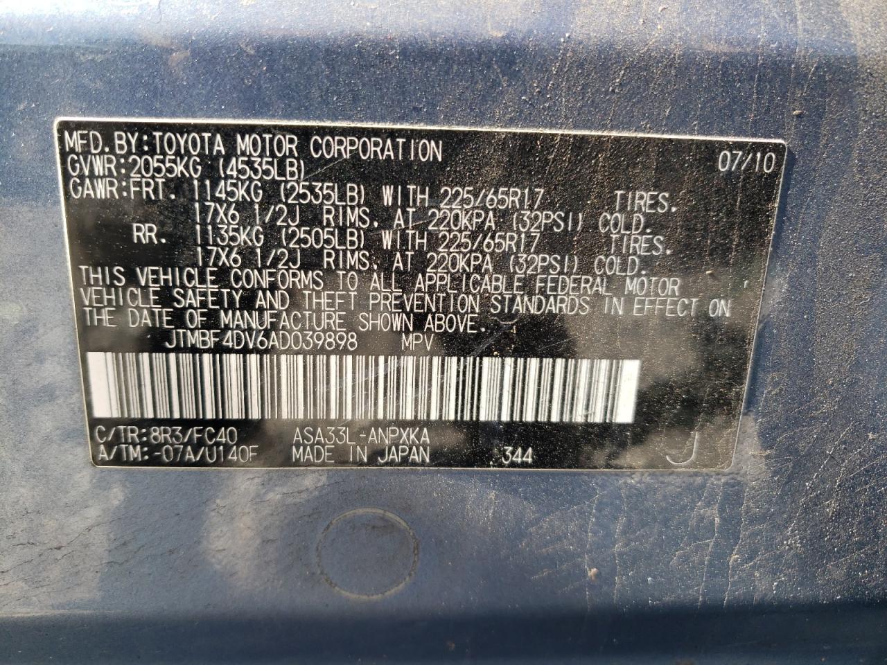 2010 Toyota Rav4 VIN: JTMBF4DV6AD039898 Lot: 54898425