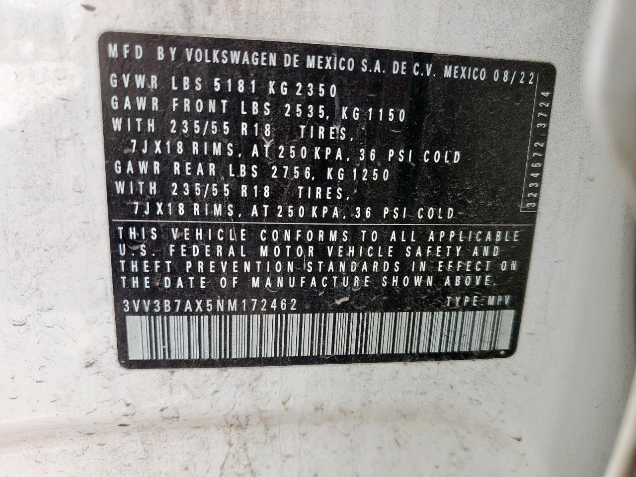 2022 Volkswagen Tiguan Se VIN: 3VV3B7AX5NM172462 Lot: 53731295