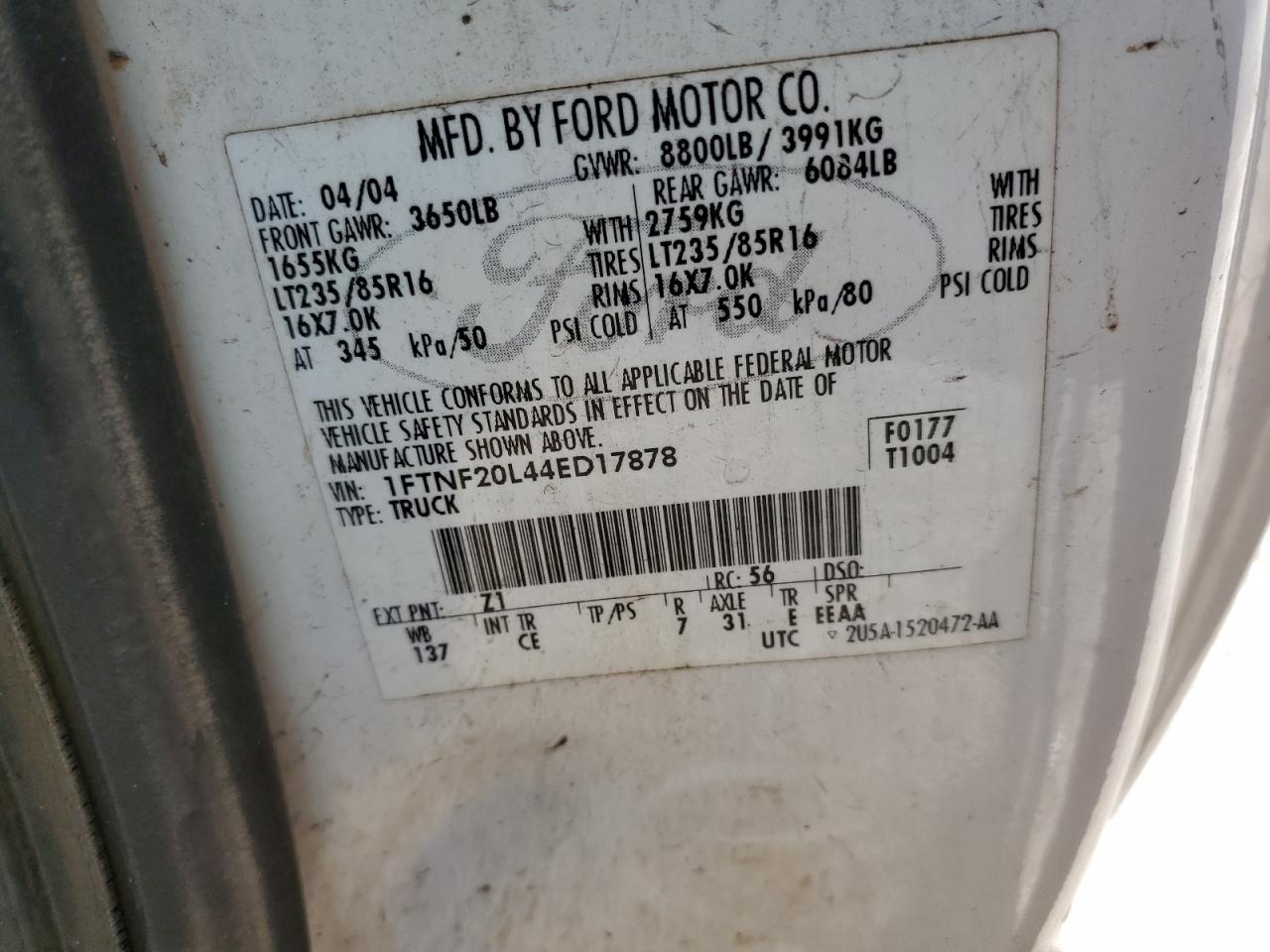 2004 Ford F250 Super Duty VIN: 1FTNF20L44ED17878 Lot: 51902925