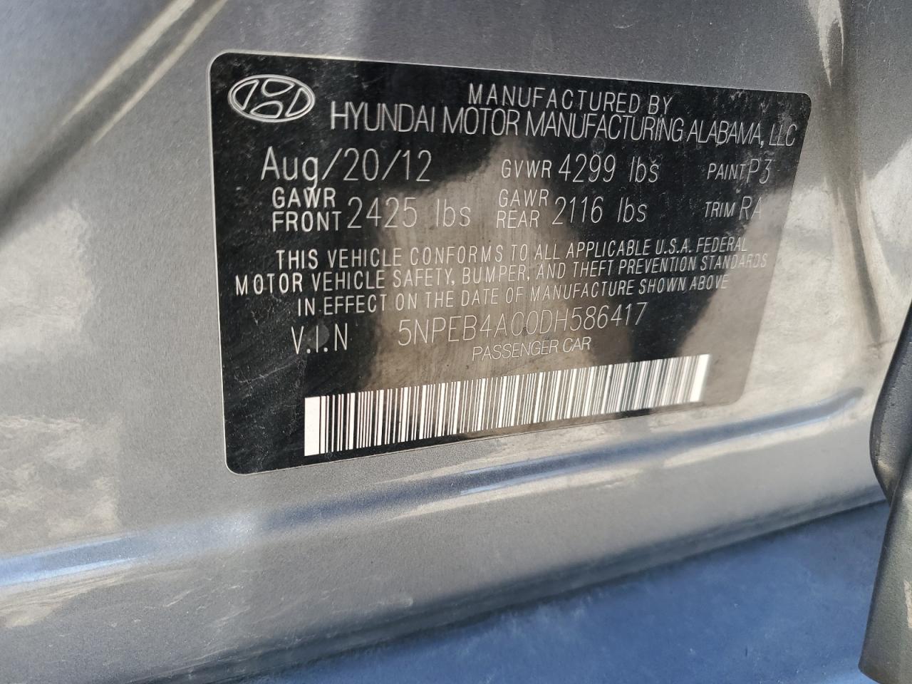 2013 Hyundai Sonata Gls VIN: 5NPEB4AC0DH586417 Lot: 53427175