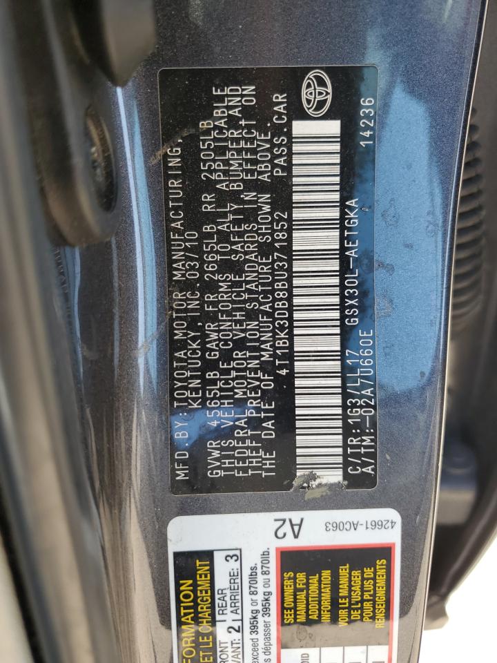 2011 Toyota Avalon Base VIN: 4T1BK3DB8BU371852 Lot: 52361795