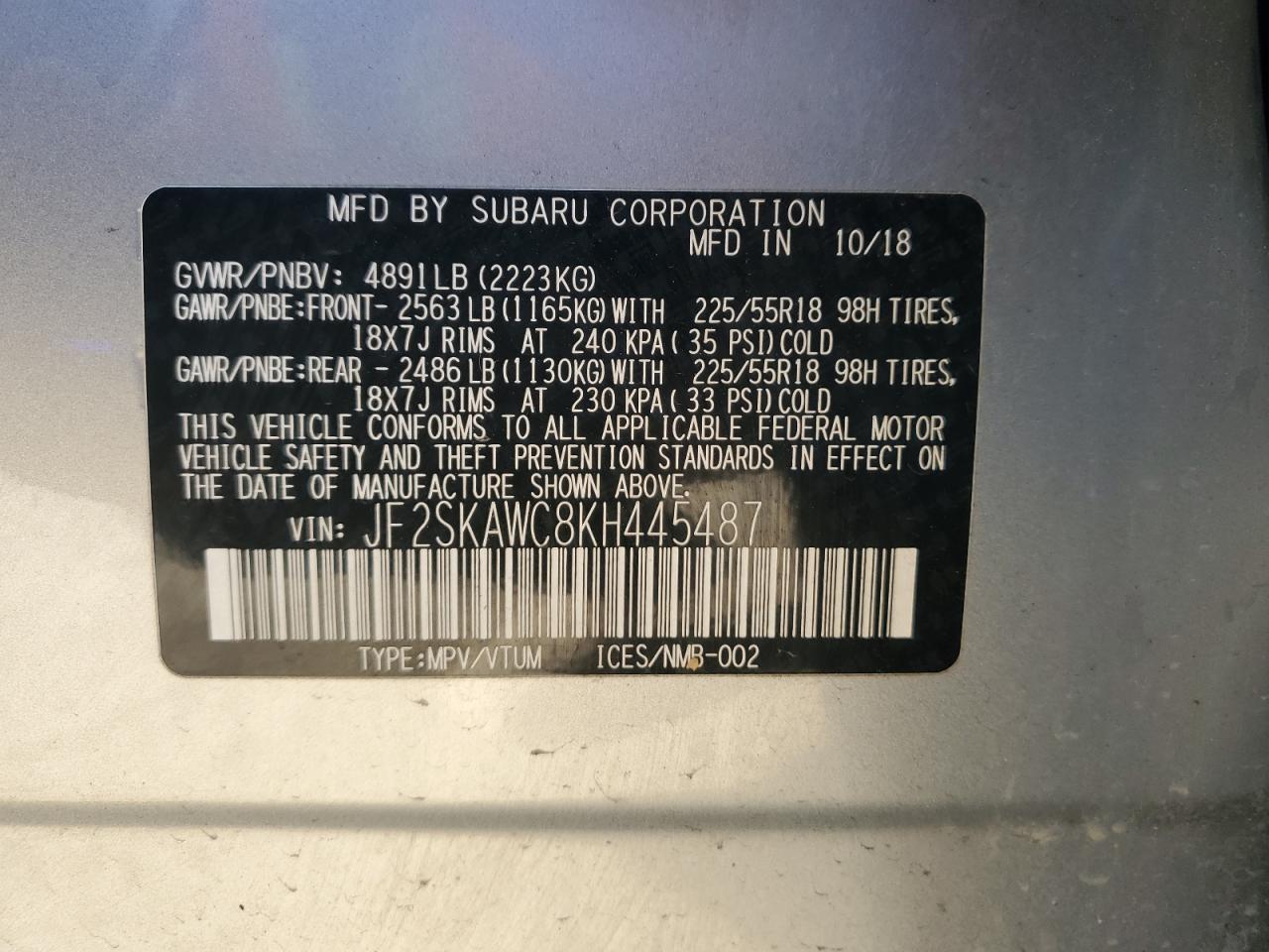 2019 Subaru Forester Touring VIN: JF2SKAWC8KH445487 Lot: 52052505
