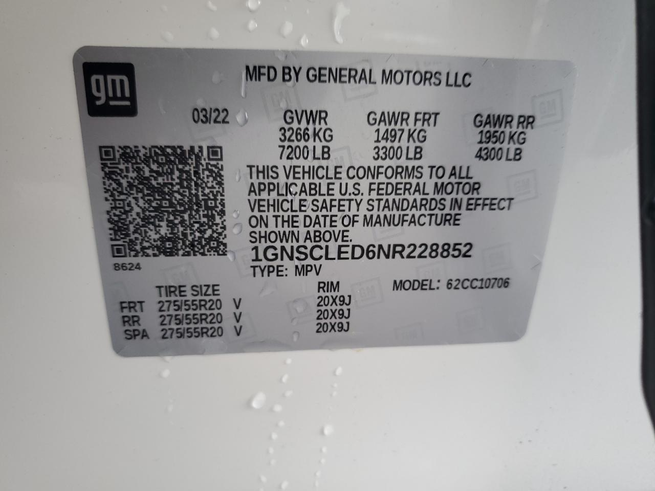 2022 Chevrolet Tahoe C1500 VIN: 1GNSCLED6NR228852 Lot: 53288675