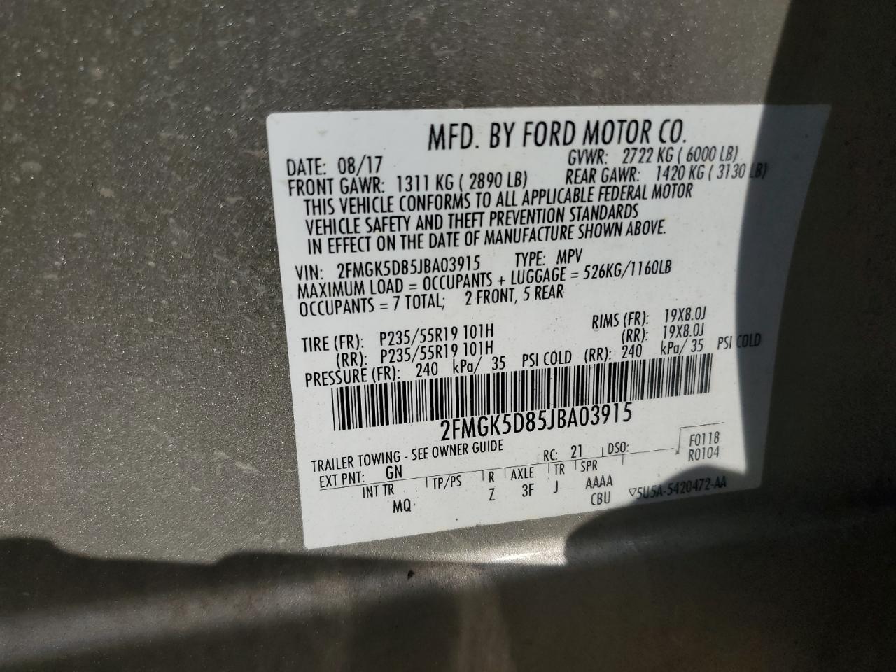 2018 Ford Flex Limited VIN: 2FMGK5D85JBA03915 Lot: 52570955