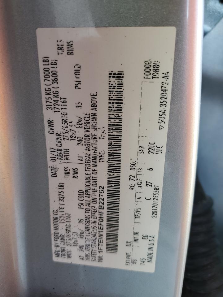 2017 Ford F150 Supercrew VIN: 1FTEW1EF0HFB22762 Lot: 52613055