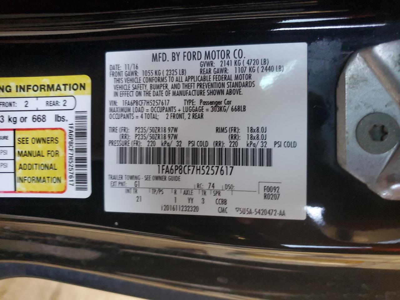 2017 Ford Mustang Gt VIN: 1FA6P8CF7H5257617 Lot: 53261305