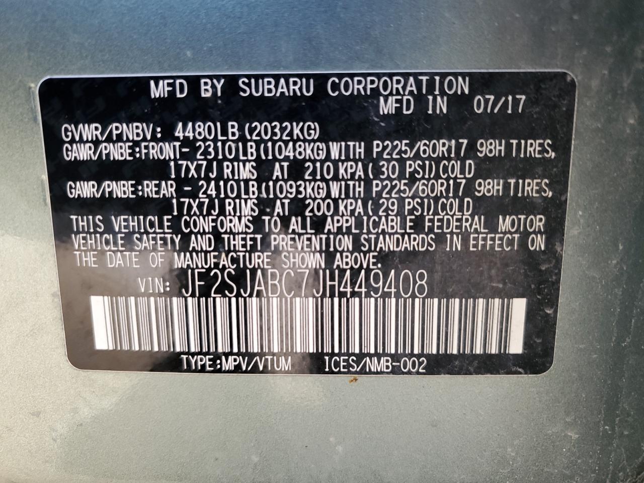 2018 Subaru Forester 2.5I VIN: JF2SJABC7JH449408 Lot: 55150915