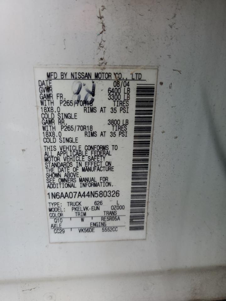 2004 Nissan Titan Xe VIN: 1N6AA07A44N580326 Lot: 53446825