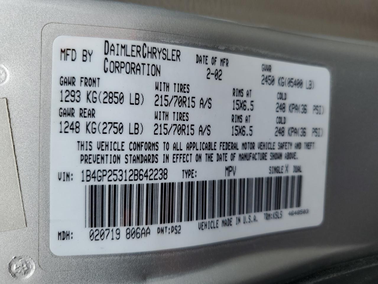 2002 Dodge Caravan Se VIN: 1B4GP25312B642238 Lot: 52728865