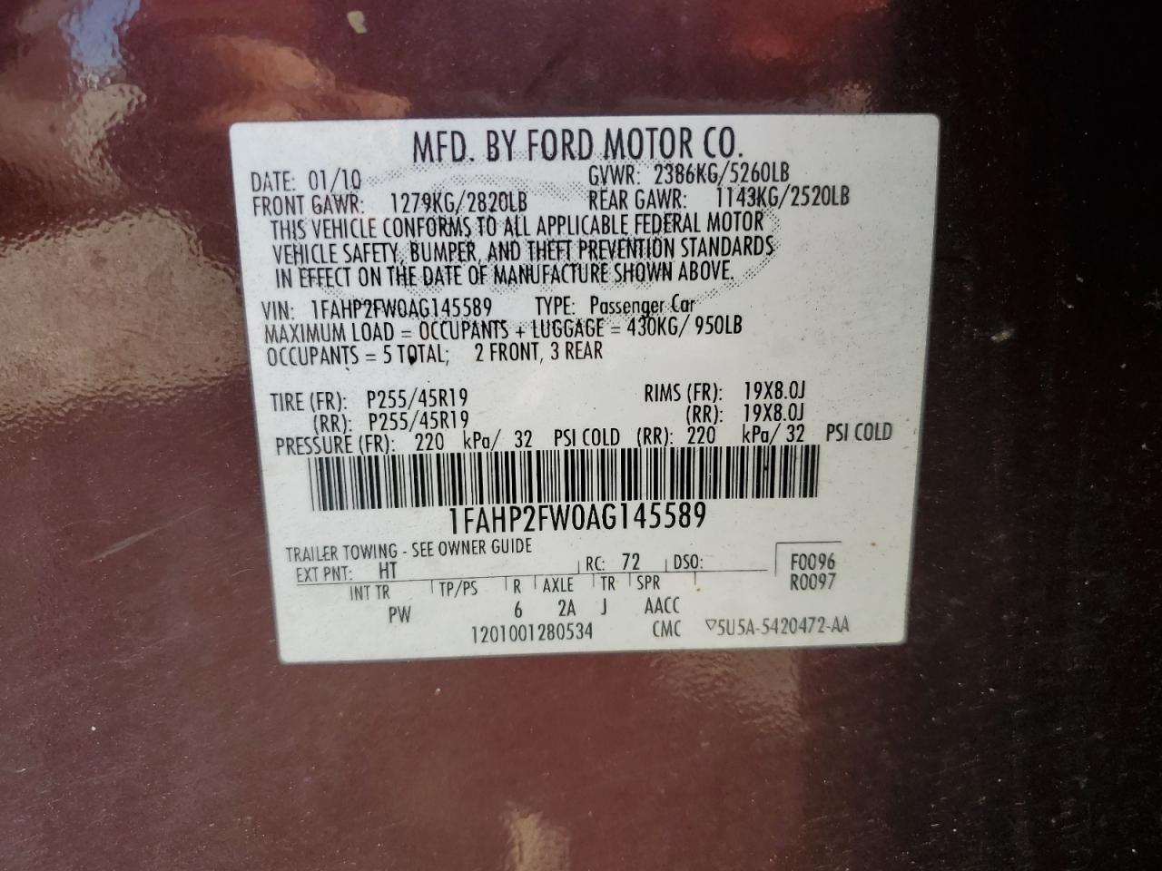 2010 Ford Taurus Limited VIN: 1FAHP2FW0AG145589 Lot: 53036555