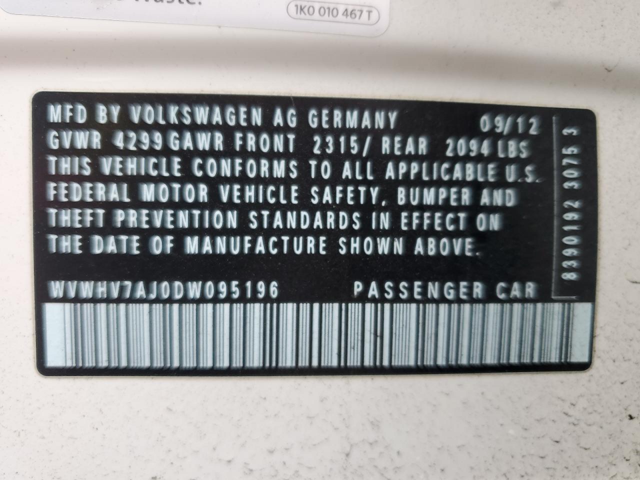 2013 Volkswagen Gti VIN: WVWHV7AJ0DW095196 Lot: 53926545