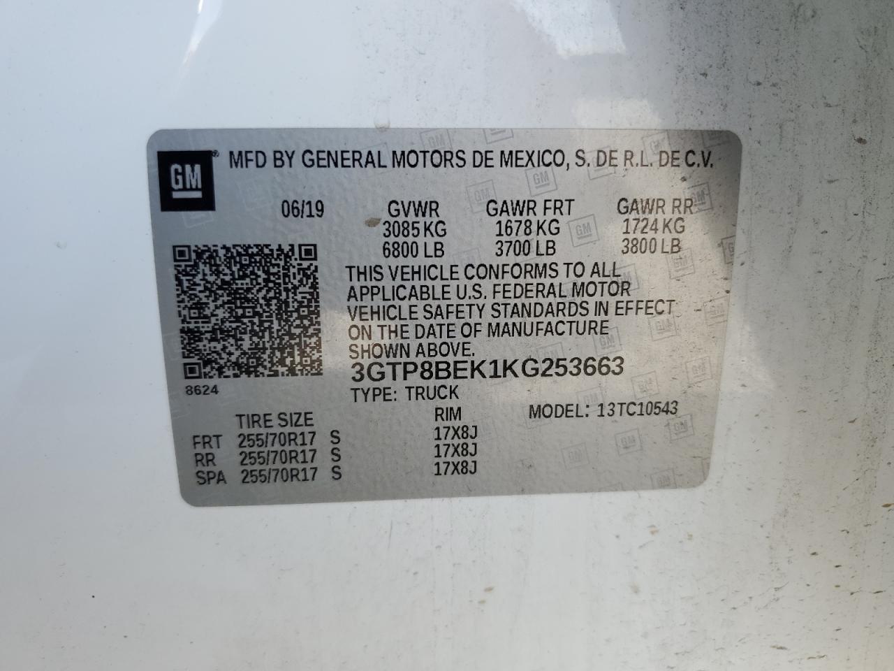 2019 GMC Sierra C1500 Sle VIN: 3GTP8BEK1KG253663 Lot: 51133915