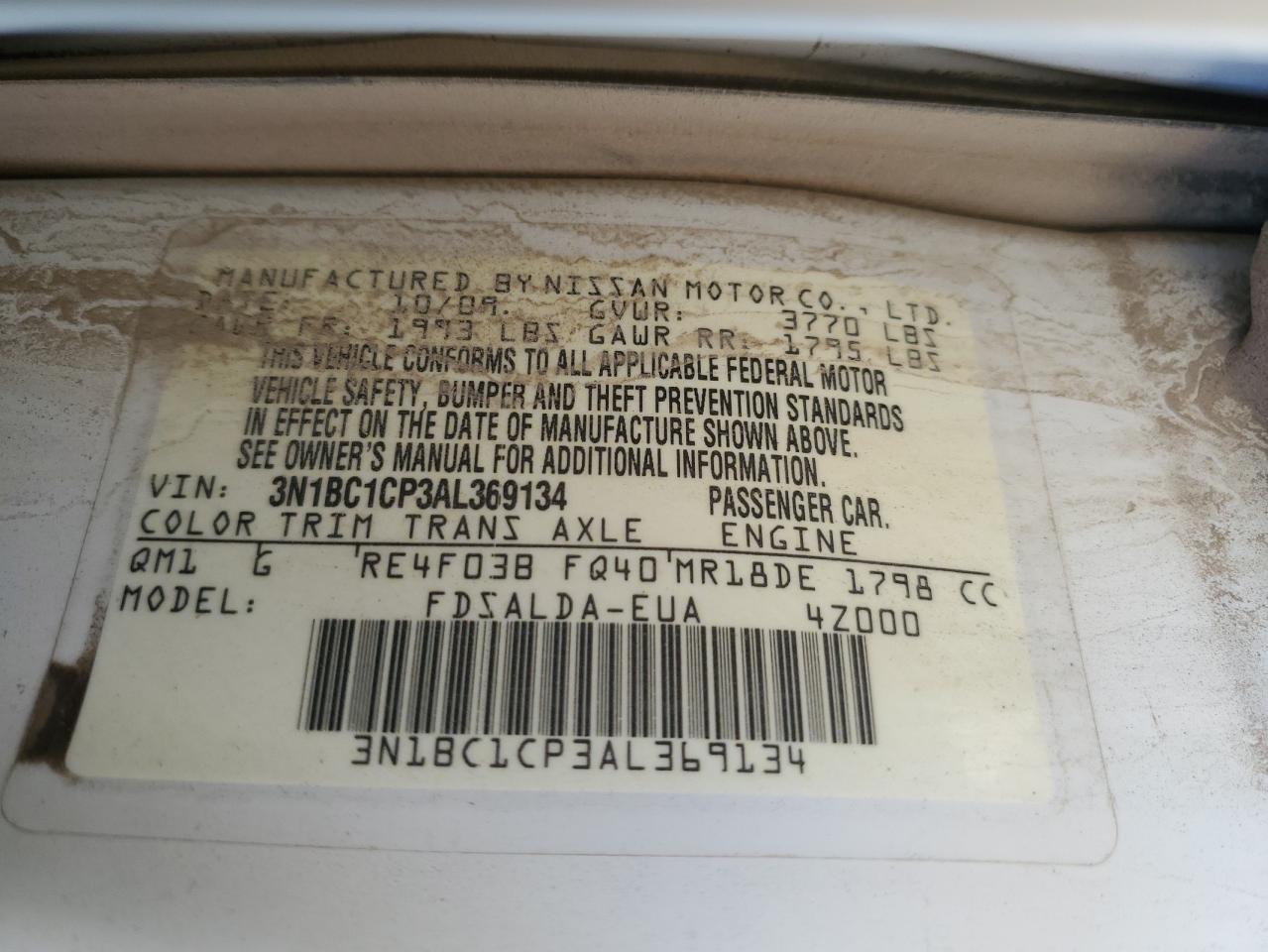 2010 Nissan Versa S VIN: 3N1BC1CP3AL369134 Lot: 54437395