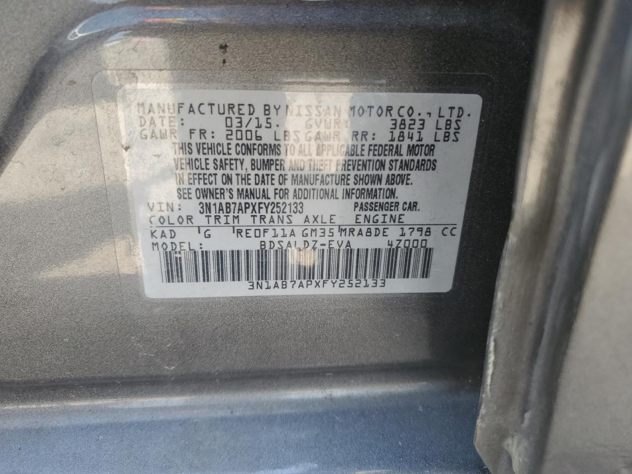 2015 Nissan Sentra S VIN: 3N1AB7APXFY252133 Lot: 54993685