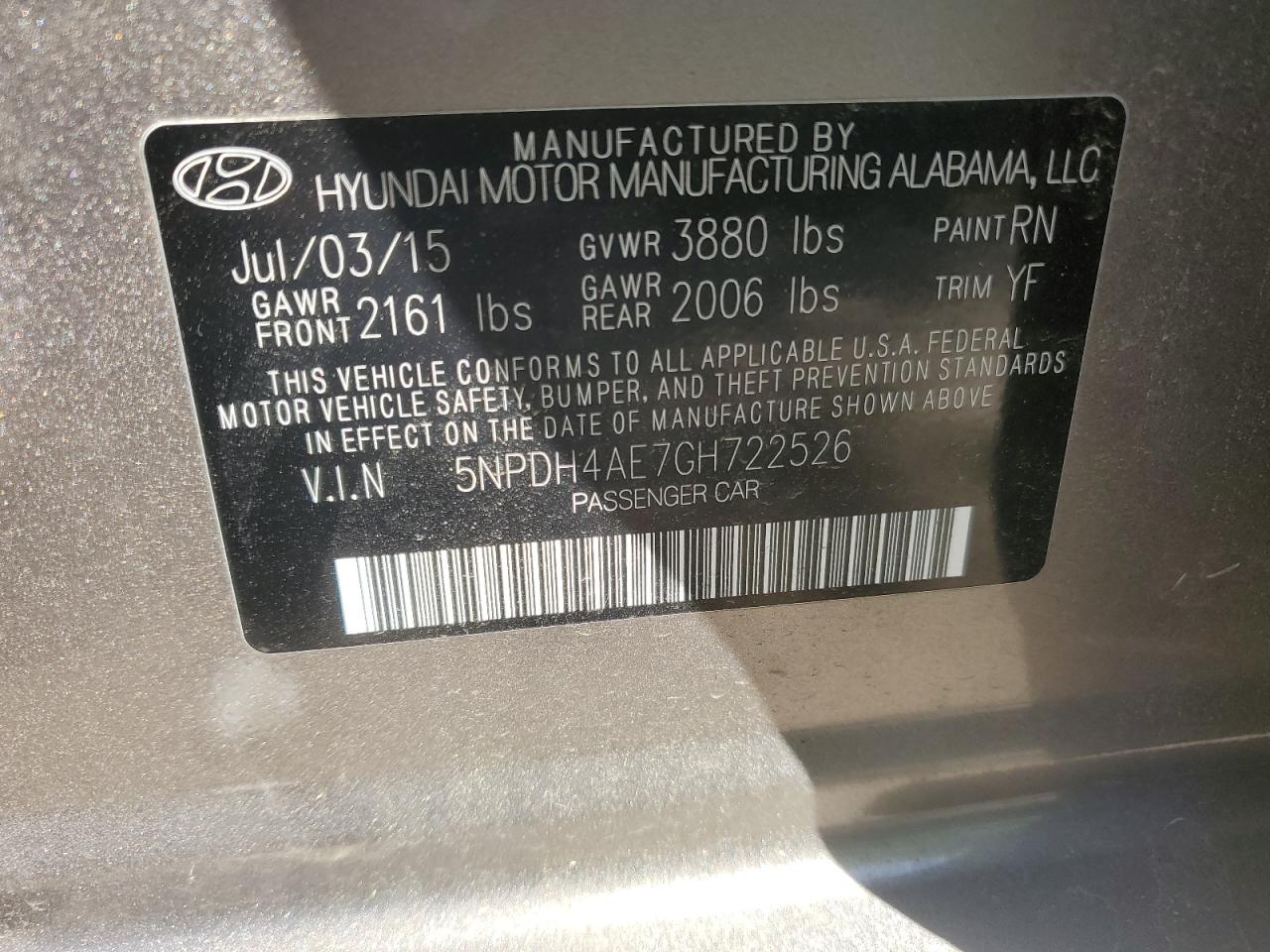 2016 Hyundai Elantra Se VIN: 5NPDH4AE7GH722526 Lot: 54736155
